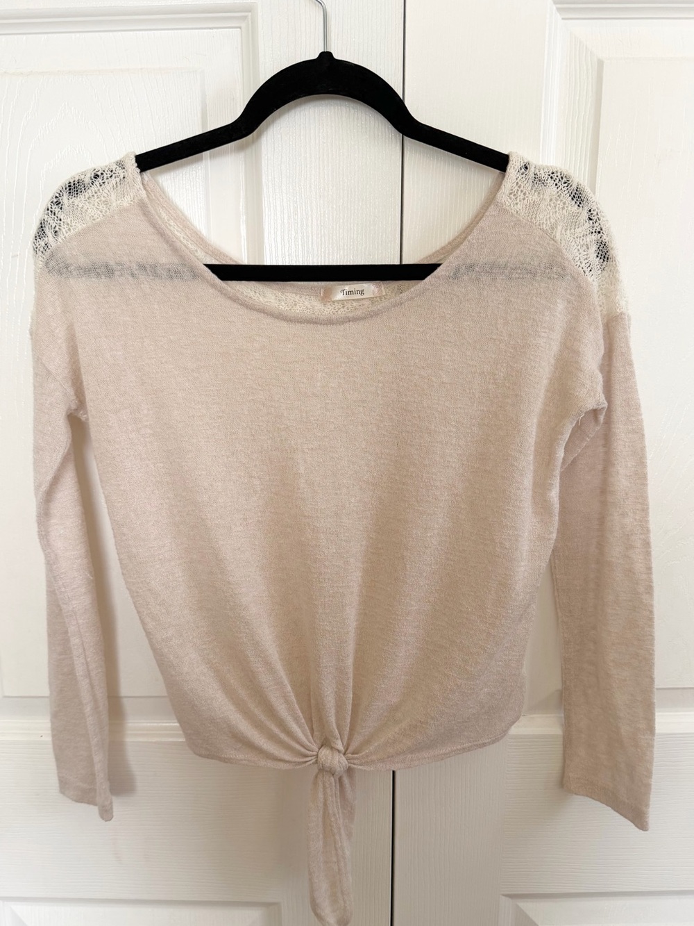 5 for $25! Timing Beige Lace-Shoulder Tie-Front Long Sleeve Top